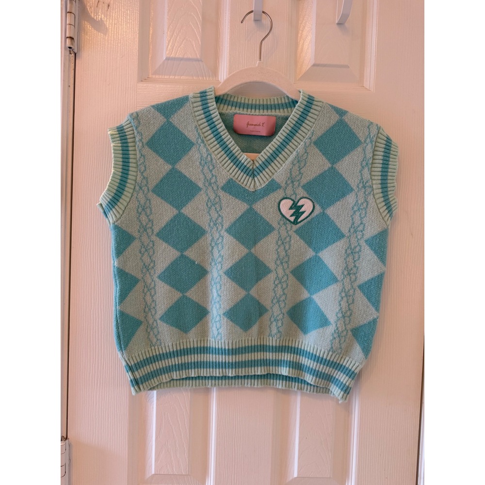 Greenwich V Argyle Sweater Vest Cropped Y2K Preppy Knit‎ Heart Patch